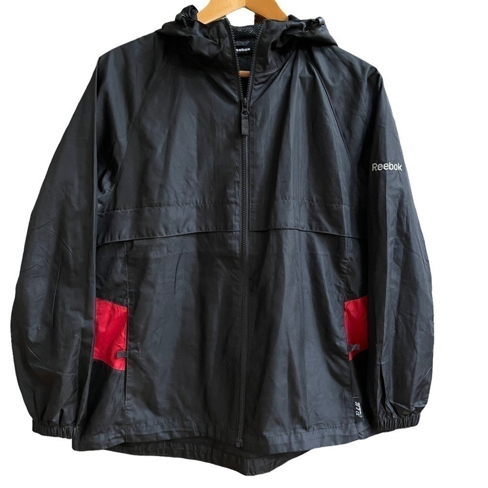 Reebok Windbreaker Jacket Black Red Hooded Outdoor Fall Sporty Women's Size‎ L